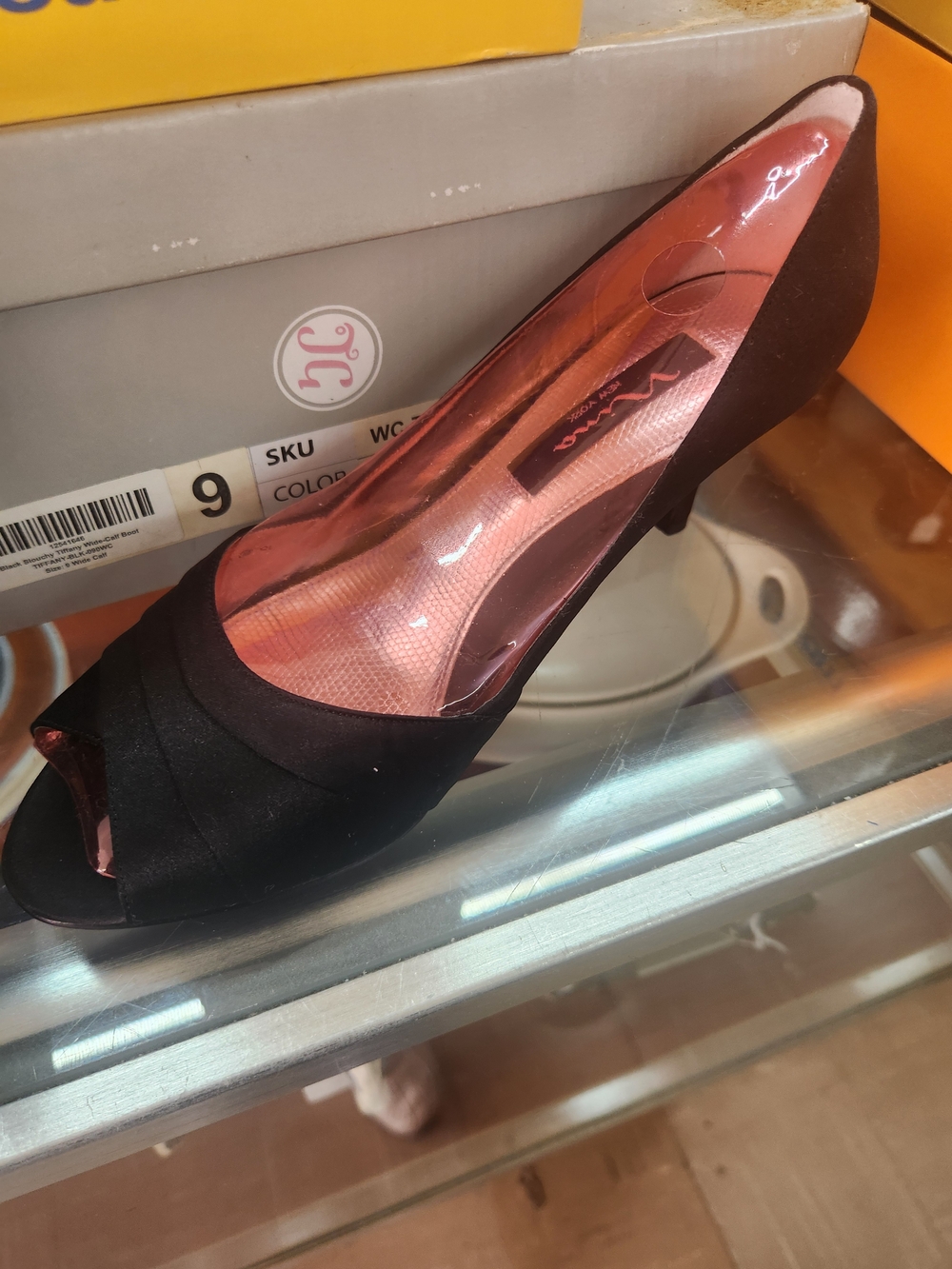 thor Black Satin Peep-Toe Heels